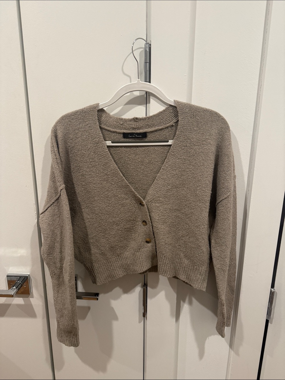 Love Tree Taupe Cropped V-Neck Button Cardigan